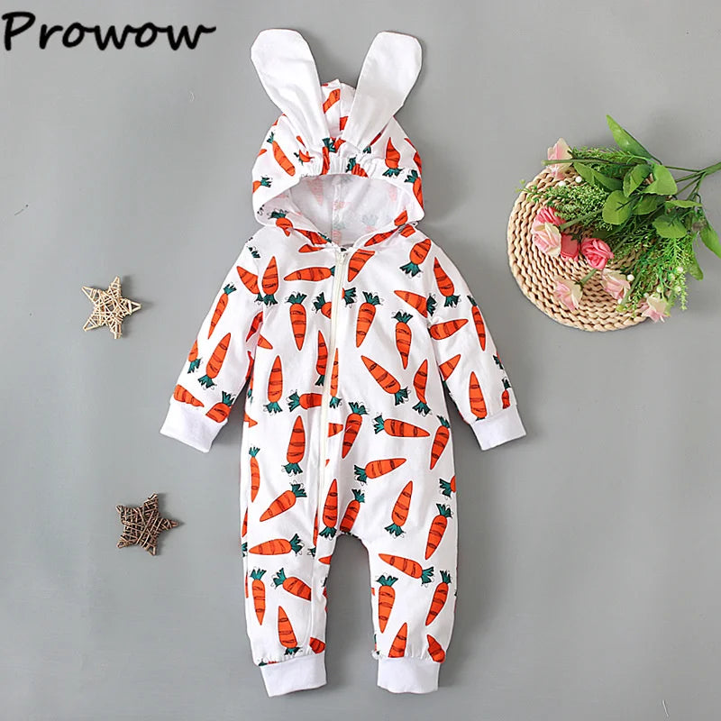 Prowow Baby Easter Costume Girls Boys Long Sleeve Carrot Printed Rompers+Rabbit Hat Bodysuit For Newborns Baby Easter Outfits