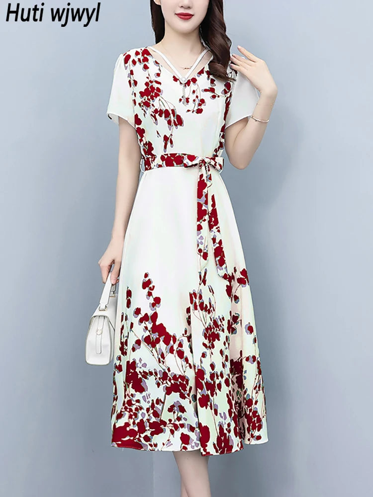 Beach Style Red Floral Chiffon Long Dress for Women Summer Elelgant Casual Holiday Dress 2024 Korean Vintage Bodycon Party Dress