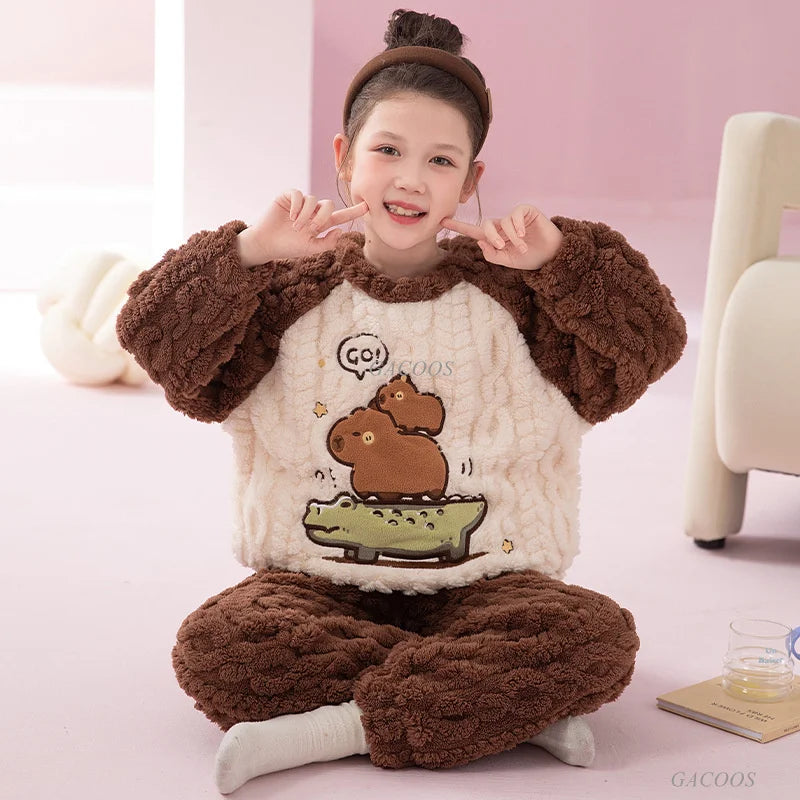 Flannel Pajamas For Boy Flannel Warm Pyjamas Kids Thicken Cartoon Teens Sleepwear Cute Big Boys Girls Night Clothes 10 12 14 16Y