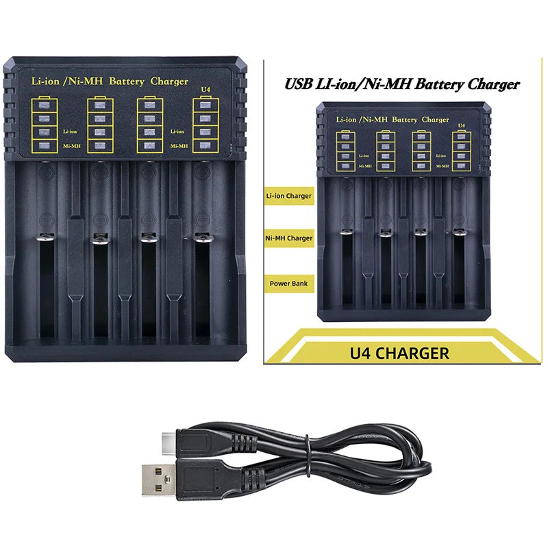 USB Battery Smart Charger 4 Slots For 18650 21700 14500 3.7V Rechargeable Lithium Battery For 1.2V NI-MH AA / AAA Battery