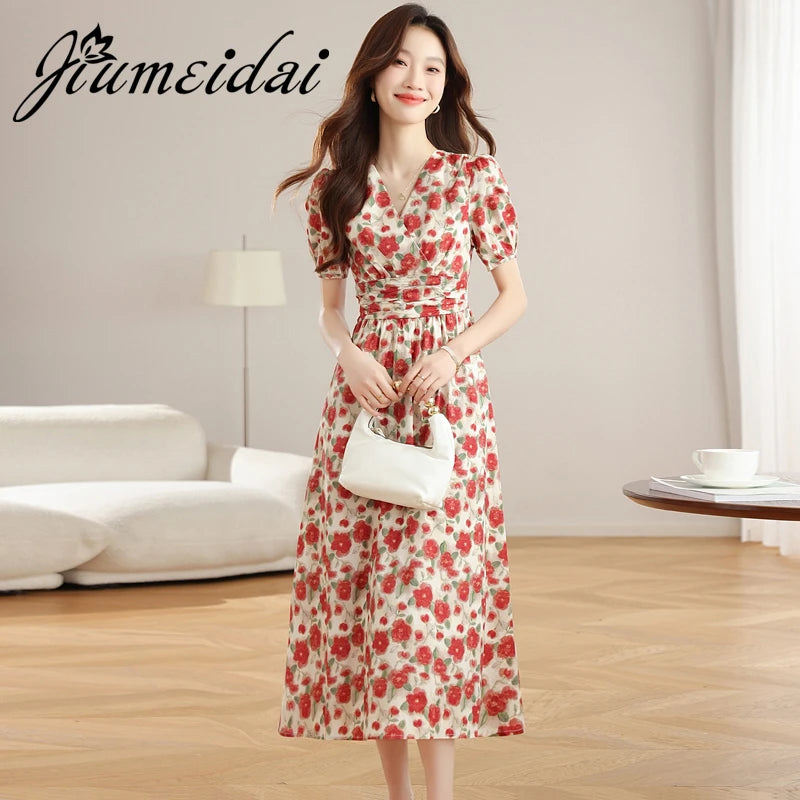 JiuMeiDai-Elegant A-Line V-Neck Dress for Women,  Red Floral Summer Robe, Vintage Designer Party Clothing, Office Lady