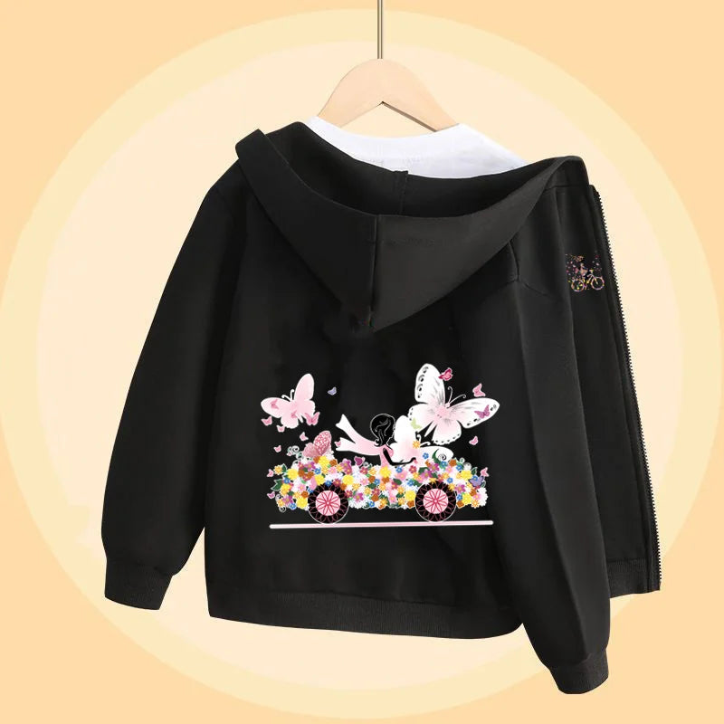 Butterfly Bike Cartoon Sweatshirt for Girls Autumn Long Sleeve Coats Girl Cotton Hoodie with Zipper 5-14T