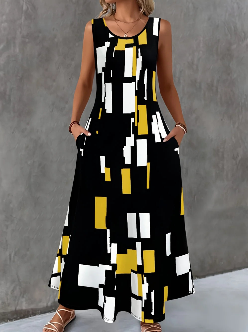 Women's Casual Dresses Summer Stylish Polka Dot Print Sleeveless Dress with Round Neck and Pockets Fashion Elegant Party Dresses