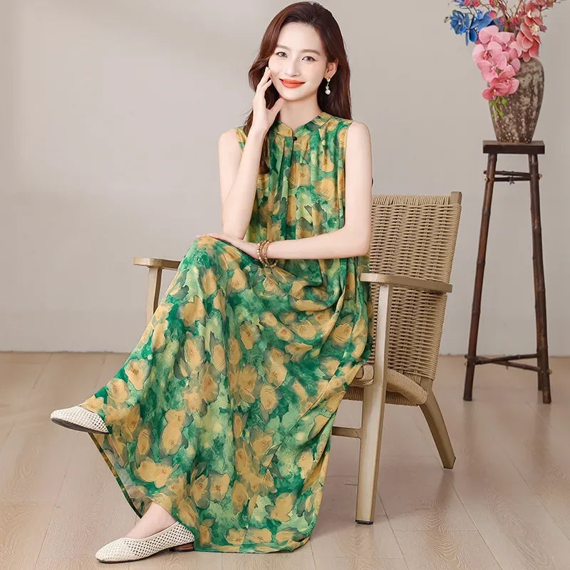 Summer Women's Ink Wash Floral Print Maxi Dress Sleeveless Stand Collar Tie Waist Casual Long Dress