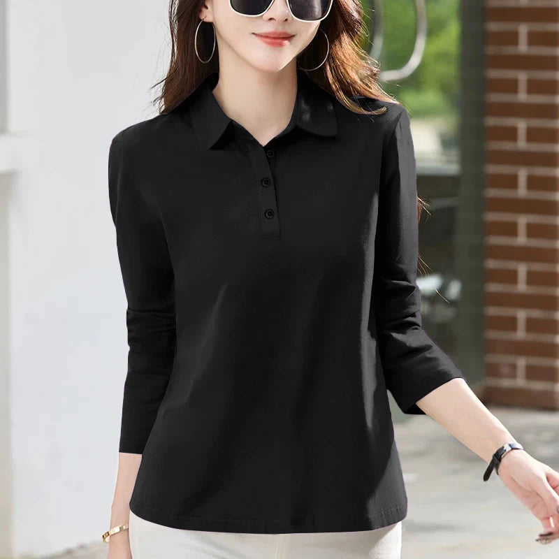 Women's  irt Long Sve T-irt Pure Cotton Loose Fit Autumn New Sle Versatile Turn-down Collar Base Top