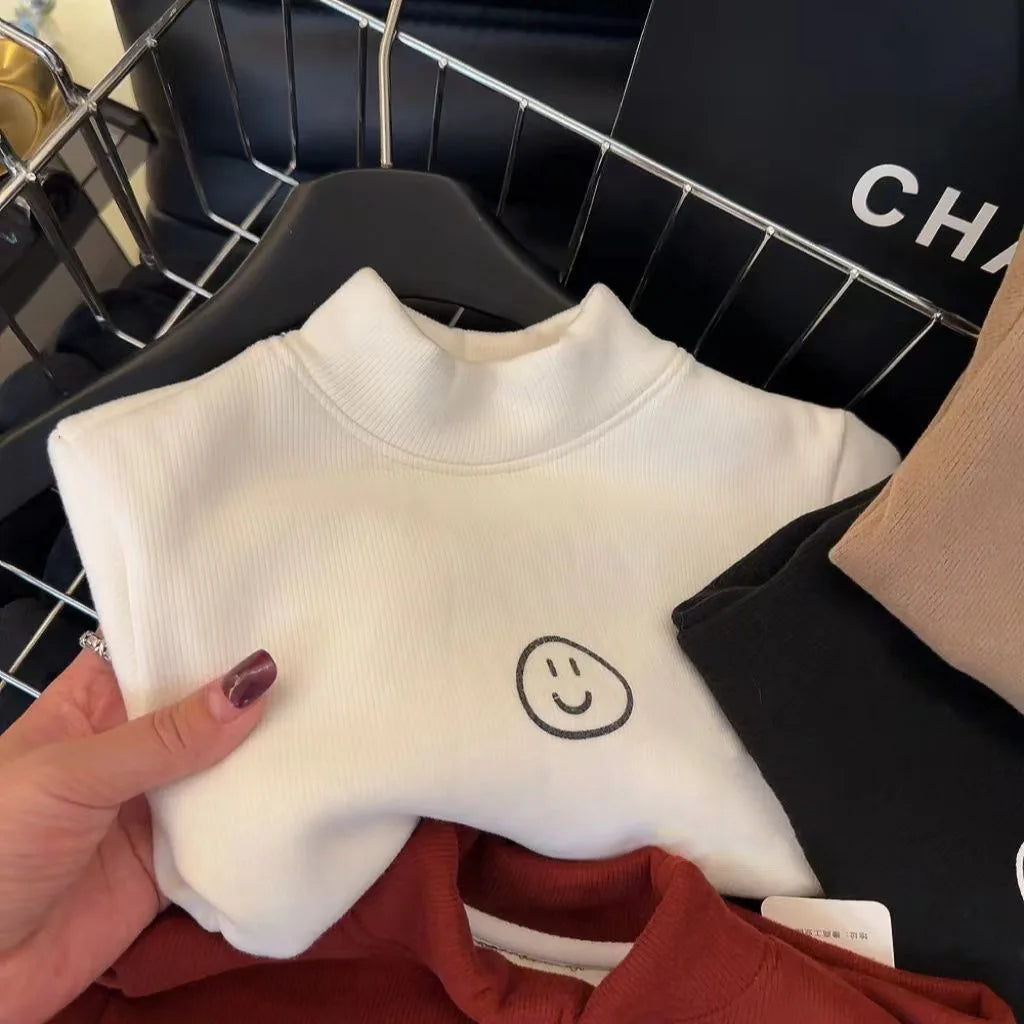 1pcs Autumn Winter Childrens T-Shirt Solid Velvet Warm Tops Babys Kids Half High Collar Long Sleeve Base Shirt Girls Boys Tshirt
