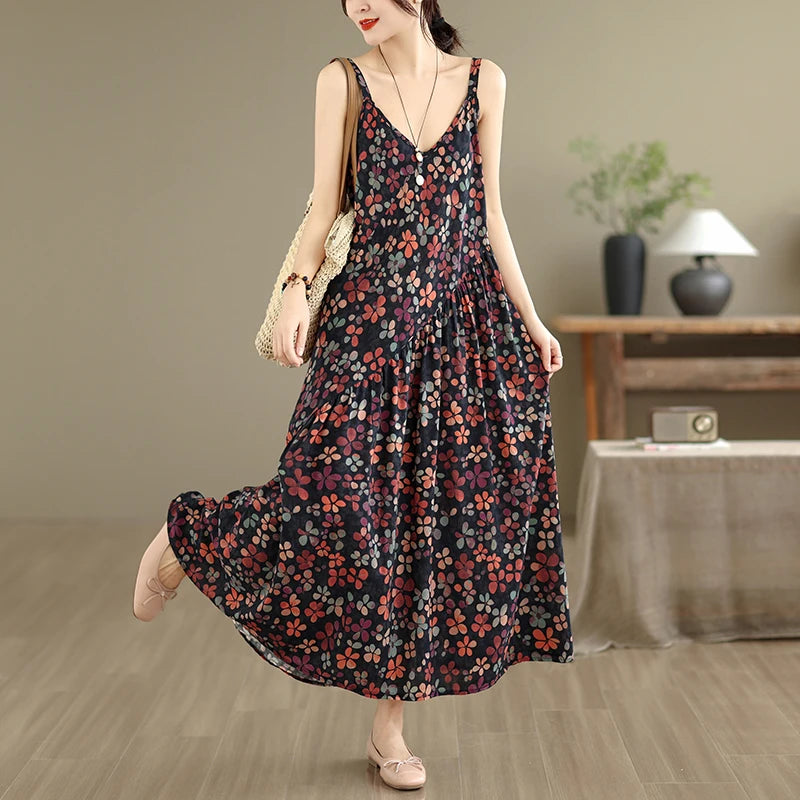 Soft Skin-Friendly Thin Cotton Linen Print V-Neck Waist-Cinched Strap Dress Large Size Summer Long Skirt Women's Dress