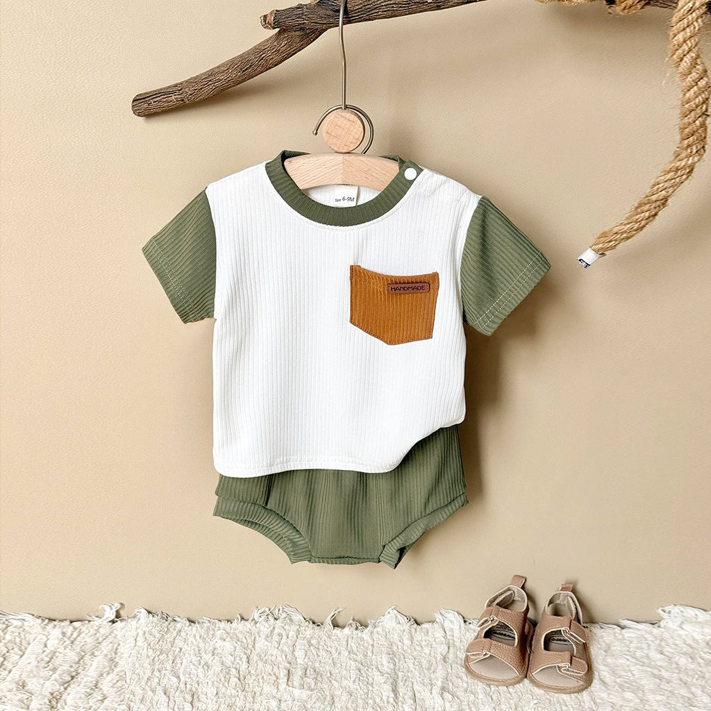 New Baby Boys Girls Suit Summer Style Green and White Splicing Tees+Loose Shorts Girls 2Pcs Casual Infant Sets Toddler Clothes