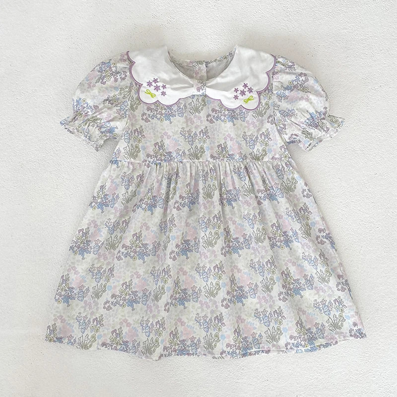 2026 New Summer Baby Girl Short Sleeve Dress Sweet Floral Puff Sleeve Dress 2-6Yrs Embroidered Collar Girl Children Dress