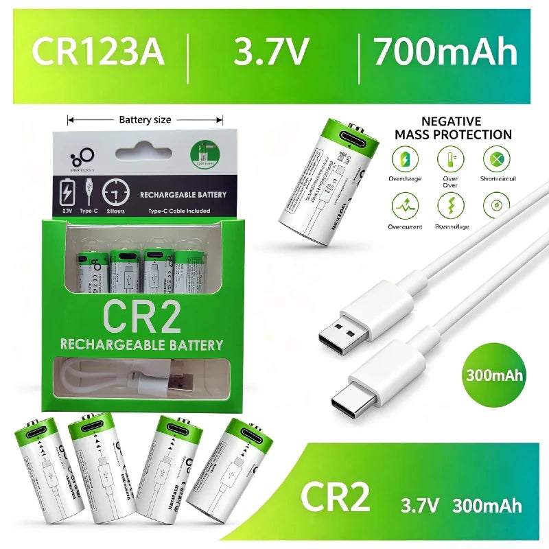 3.7V CR2 USB Recargable Batería, Pilas Recargables Tipo-C, para Cámara, Telémetro, Cerradura de Freno, Impresora SP-1