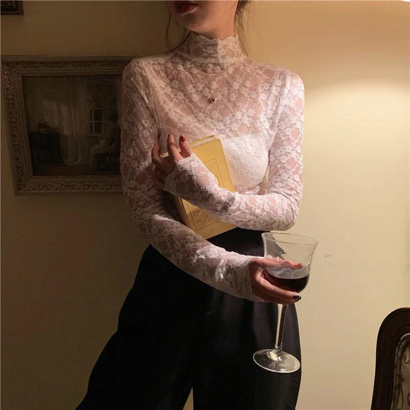 Women's Lace Base Shirt Hollow out Long Sleeve Half High Collar Mesh Top Fashionable Commute Style Korean Version White Color