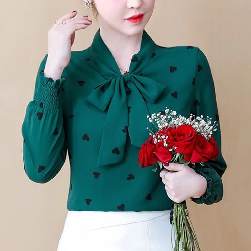 Elegant Printing Bow Blouse Spring New Long Sleeve All-match Chiffon Lacing Loose Shirt Tops Vintage Fashion Women Clothing