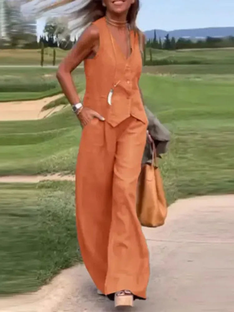 Casual Tank And Wide Leg Pant Sets 2 Piece Sets Women Outfit Summer Elegant Solid Cotton Linen Tops Trousers Suit Femme
