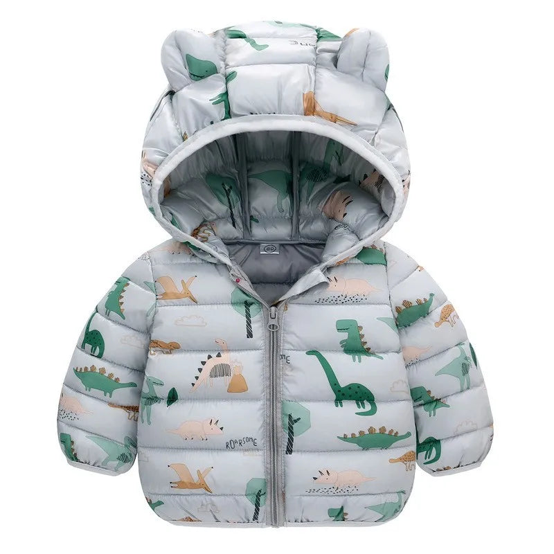 Cartoon Dinosaur Print Boys Baby Lightweight Down Jackets Warm Hooded Outerwear Winter Autumn Kids Girls Coats Casual Clothing