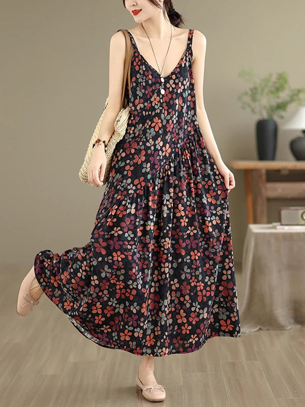 Soft Skin-Friendly Thin Cotton Linen Print V-Neck Waist-Cinched Strap Dress Large Size Summer Long Skirt Women's Dress
