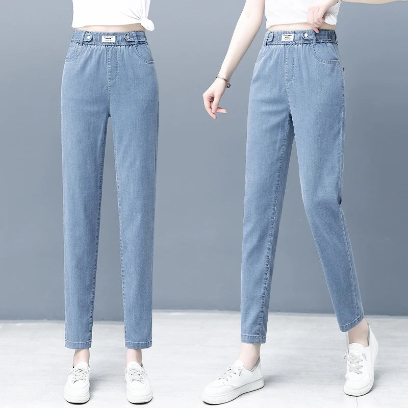Harajuku Style Women's Jeans Elastic Waist High Waist Cotton Stretch Denim Light Color Pear Shape Body Loose Fit Long Pants