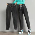 Harajuku Style Women's Jeans Elastic Waist High Waist Cotton Stretch Denim Light Color Pear Shape Body Loose Fit Long Pants