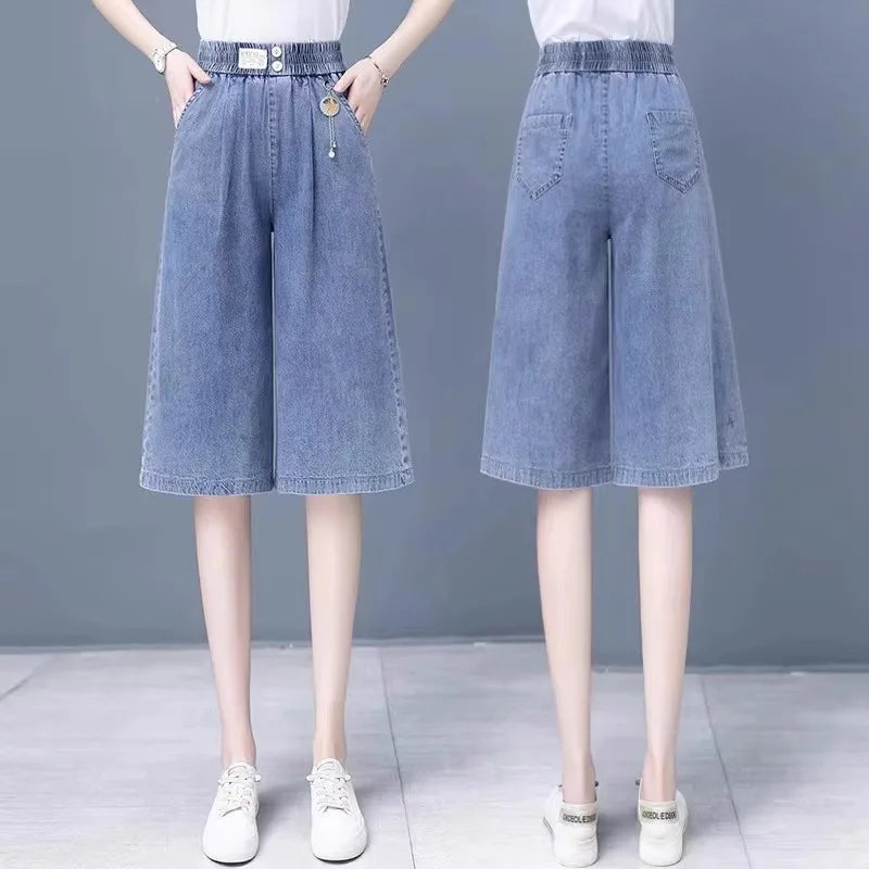 High Waist Wide Leg Pants Thin Design Summer Jeans Women's Loose Fit Small Size  Straight Cut Denim orts