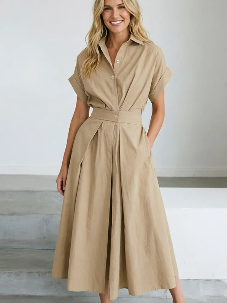 2026 New Fashion Solid Long Dress Short Sleeve Loose Elegant Summer Dress Buttons A-line Party Women's Slim Waist Dress