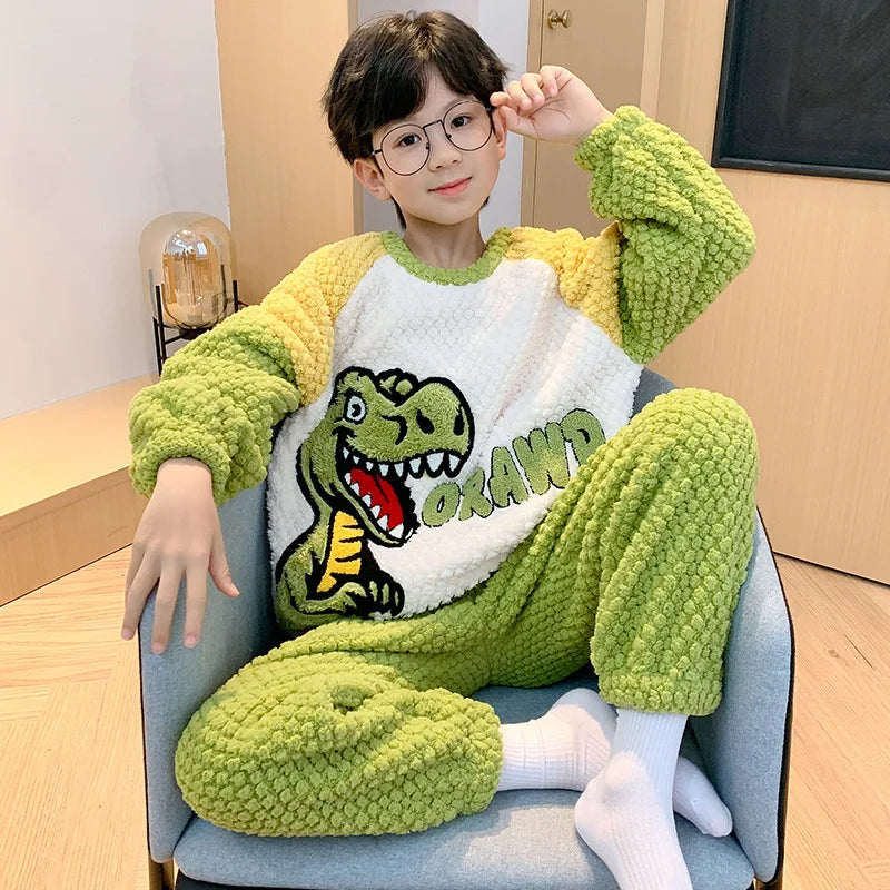 Flannel Pajamas For Boy Flannel Warm Pyjamas Kids Thicken Cartoon Teens Sleepwear Cute Big Boys Girls Night Clothes 10 12 14 16Y