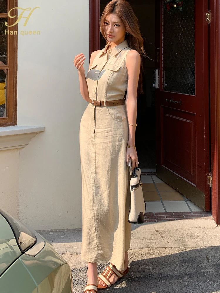 French style Sheath Pencil Simple Solid Slim Button Sleeveless Work Business Dress Women Summer Lapel Shirt Dresses