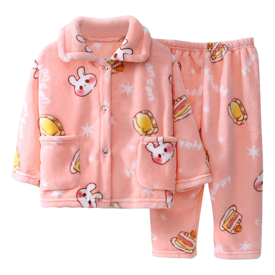 Winter Kids Pajama Set Coral Fleece Sleepwear with Cute Cartoon Clothing Ultra Warm Comfortable Long Sleeve Pajamas for Boy Girl
