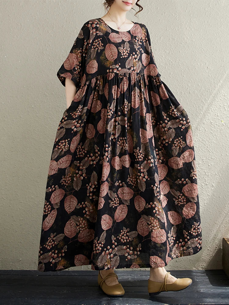 Cotton Short Sleeve Purple Print Vintage Long Dresses For Women 2026 Summer Casual Loose Dress Femme Vestidos Elegant Clothing