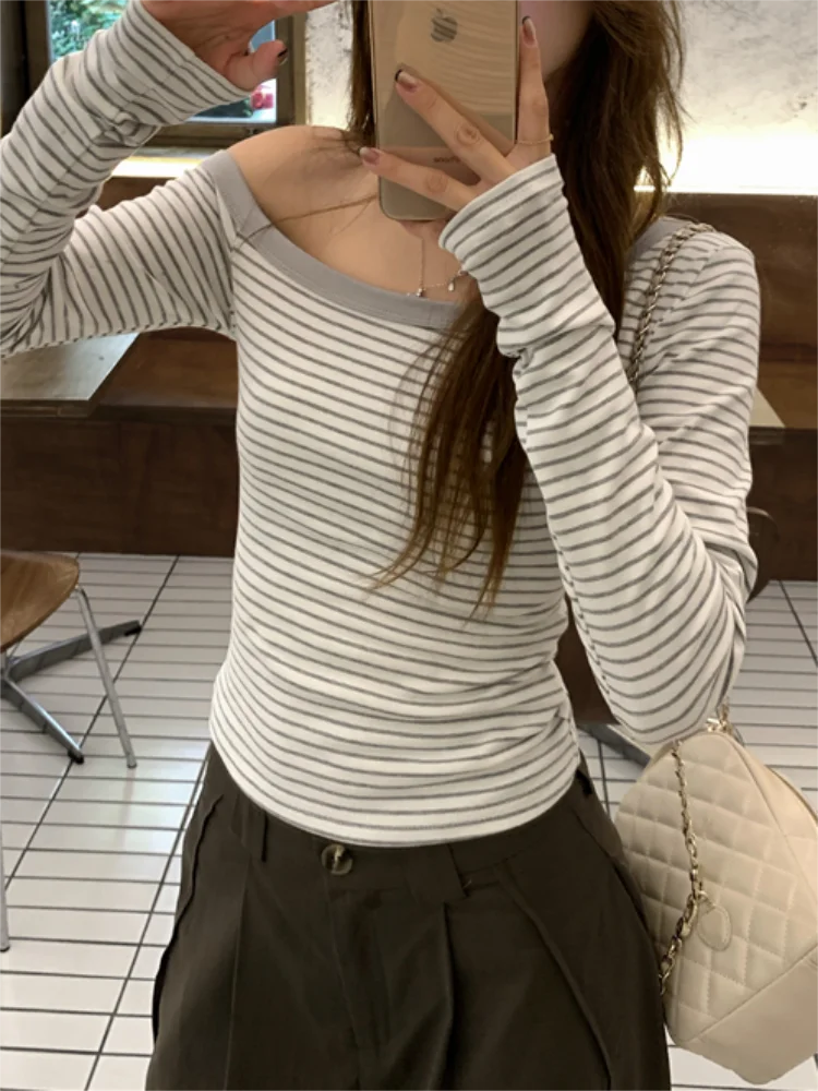 Japanese Y2k T-shirt Women Long Sleeve Tops Autumn Off Shoulder Striped Crop Top Grunge 2000s Aesthetic Streetwear T Shirts