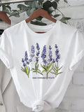 Women'S Lavender Print T-Shirt Crew Neck Casual Top Short Sleeve Floral Pattern Knit Fabric Regular Length for All Seasons