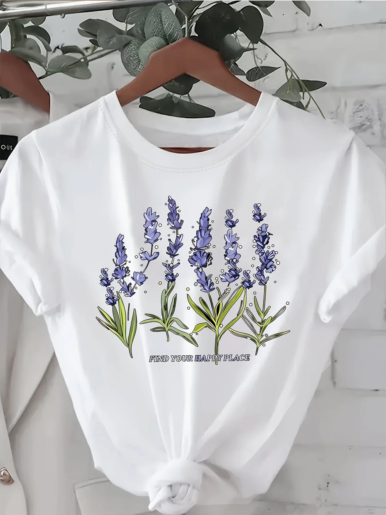 Women'S Lavender Print T-Shirt Crew Neck Casual Top Short Sleeve Floral Pattern Knit Fabric Regular Length for All Seasons