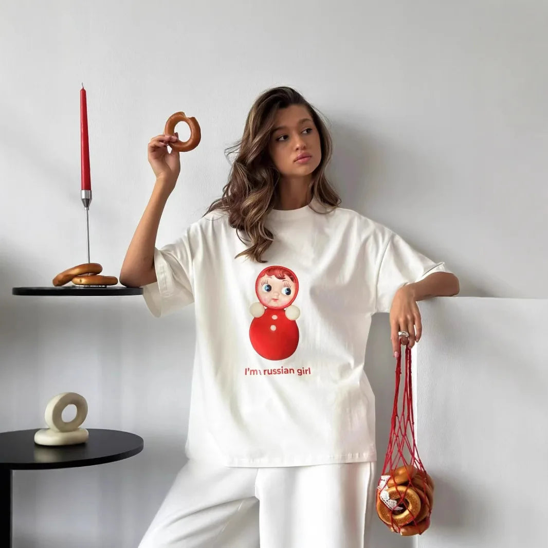 Street Style Retro Russian Nesting Doll Print Ladies T Shirt Casual Fashion Y2k Personality Round Neck Short Sleeved T Shirt