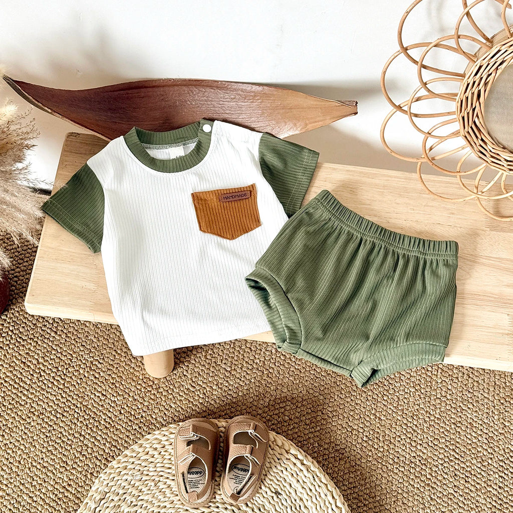 New Baby Boys Girls Suit Summer Style Green and White Splicing Tees+Loose Shorts Girls 2Pcs Casual Infant Sets Toddler Clothes
