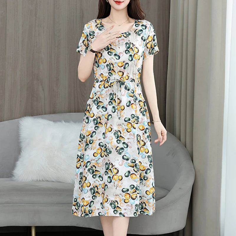New Fashion 2025 Print Summer Dresses For Women Short Sleeve O-Neck Elegant Summer Dress Woman Clothing
