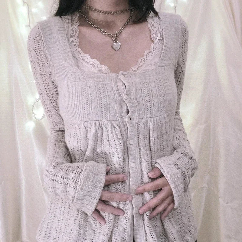 Vintage Babydoll Tops Pullovers Lady Aesthetic Coquette Knit Sweaters Outfit Autumn Square Neck Long Sleeve Knitwear Jumpers