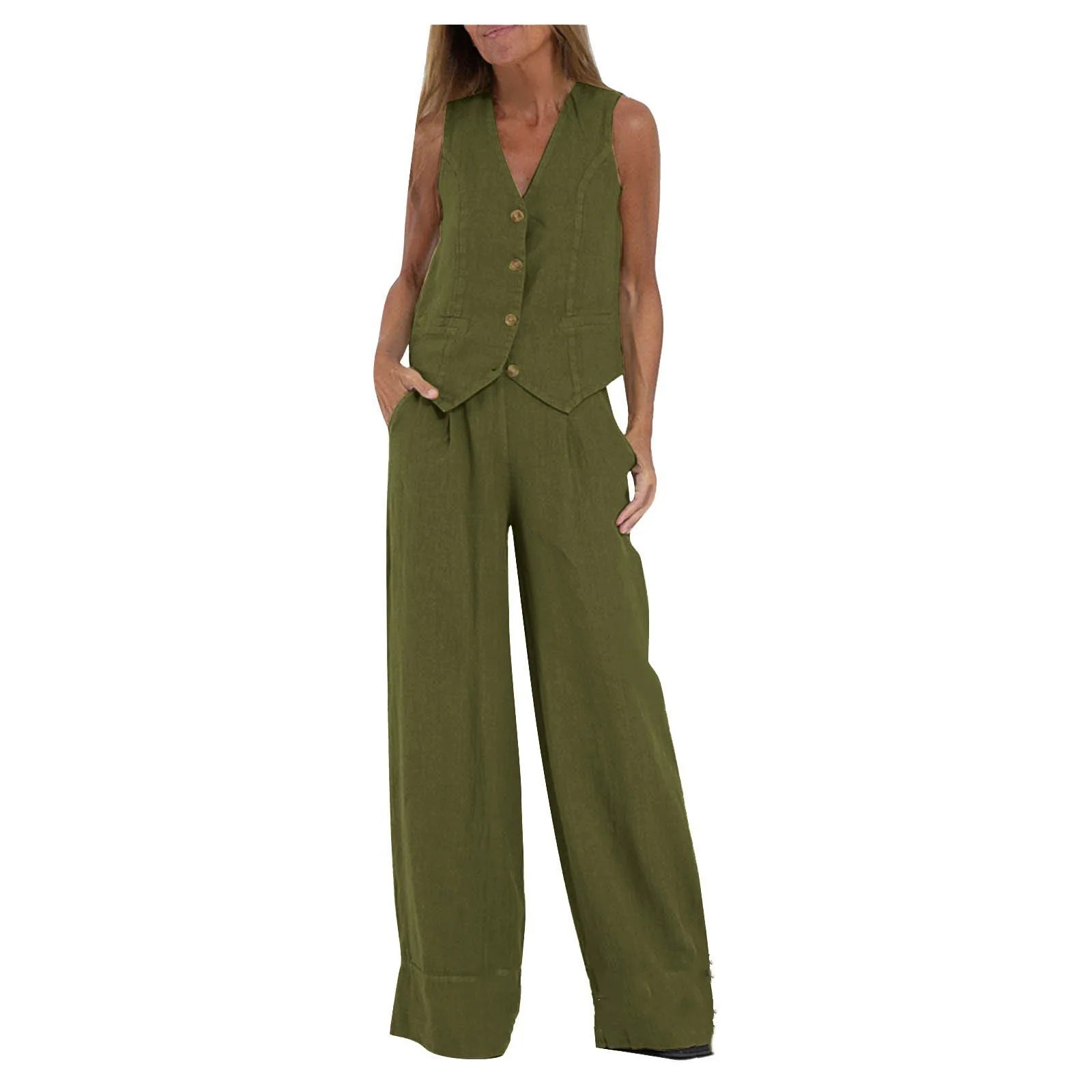 Fashionable Patchwork Cotton Linen Vest Wide Leg Pants Two Piece Set 2025 Spring Commute Style  Color Women's Suit