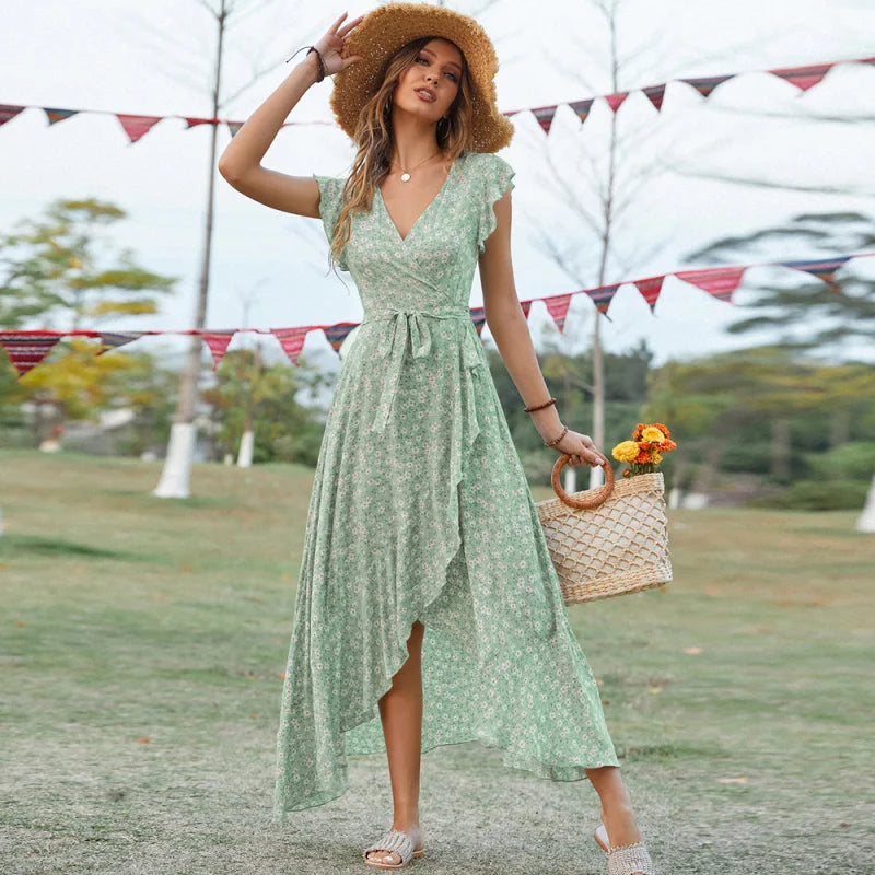 Women's Bohemian V Neck Tie Front Belted A-Line Swing Dress Beach Vacation Summer 2026 New