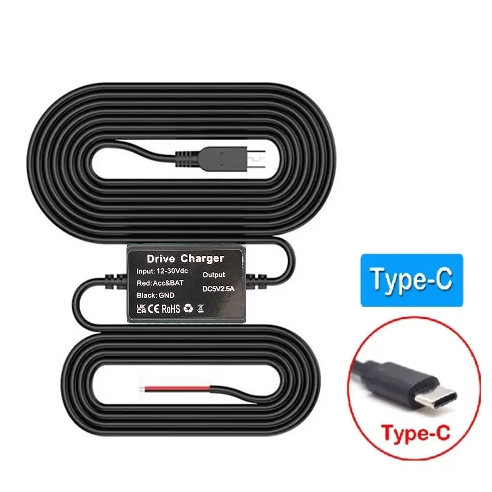 Car Dash Cam step-down Wire 3.2m DVR Hardwire Cable Kit Video Recorder 12–24V to 5V Mini/Micro USB Charger Cable for Car Dashcam