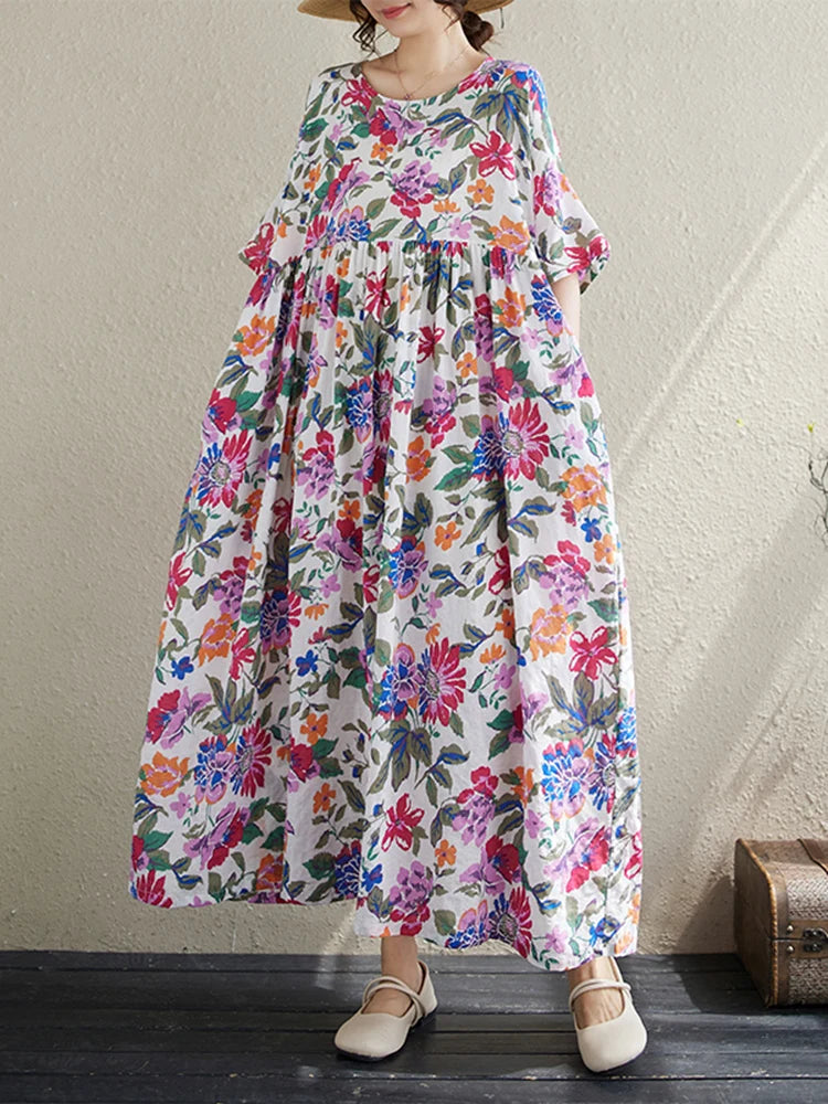 Cotton Short Sleeve Purple Print Vintage Long Dresses For Women 2026 Summer Casual Loose Dress Femme Vestidos Elegant Clothing