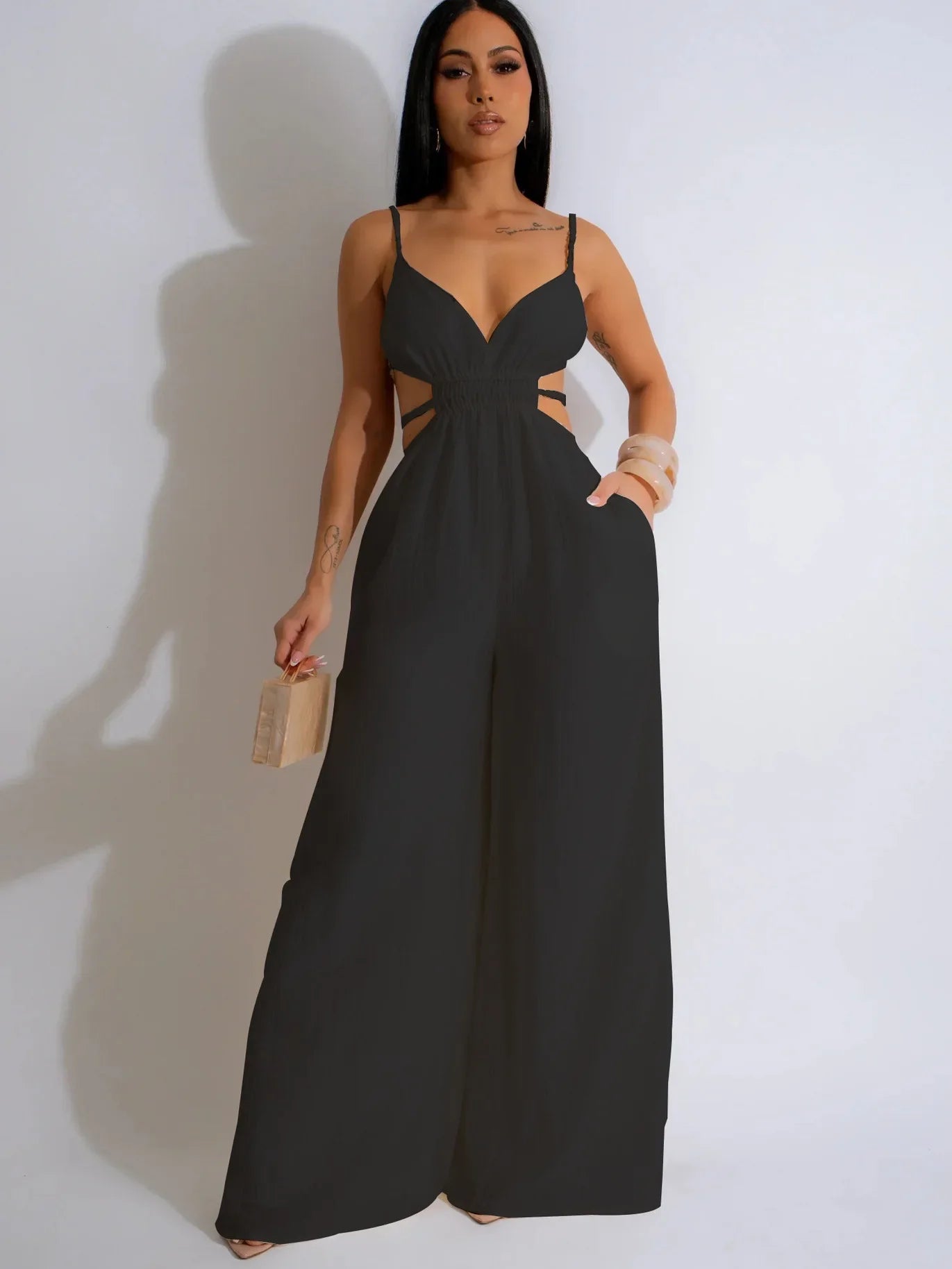CM.YAYA Women Sleeveless Strap V-neck Backless Wide Leg Long Jumpsuits 2025 Summer Beach Night Club Street Sexy Outfit Rompers