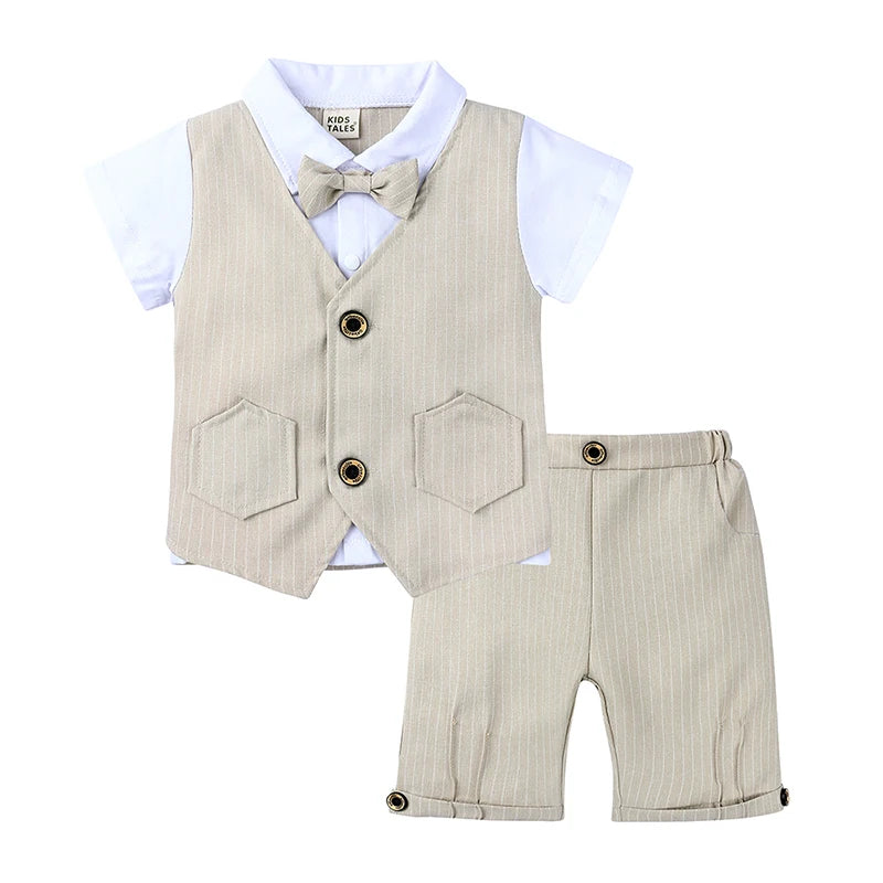 2026 Baby Boy Gentleman Suit Toddler Bow Tie White Shirt Vest+Pants Stripe Sets 3Pcs Formal Birthday Wedding Kids Party Clothes