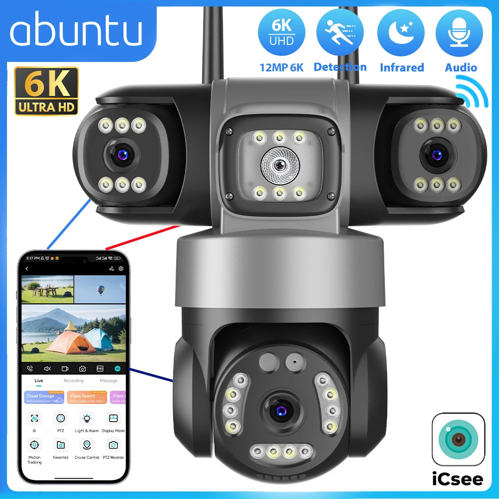 12MP 6K Three Lens Three Screens Wifi Camera Bright White Light Night Vision Outdoor ICsee Surveillance Camera Human Detection
