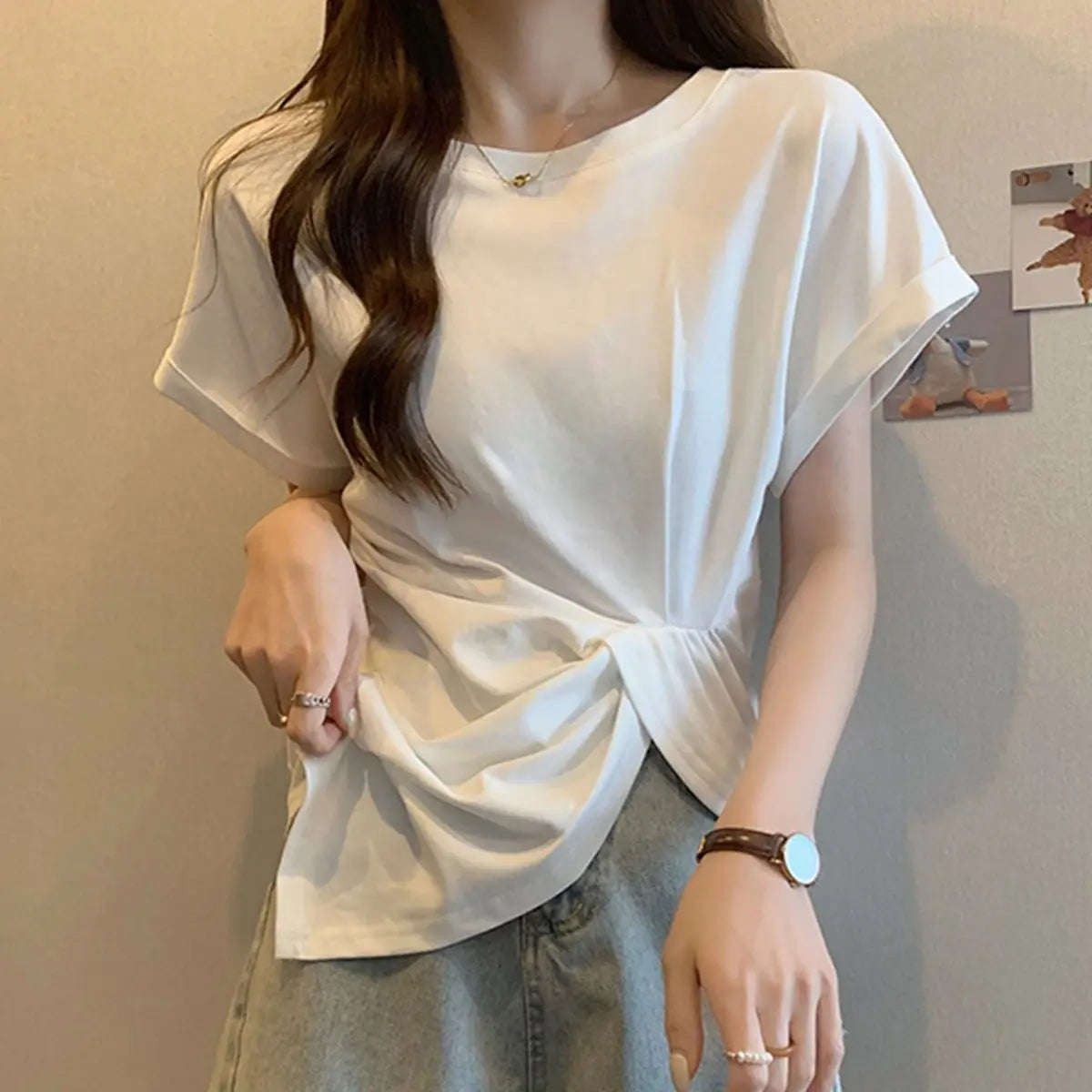 Slimming Short Sleeve T-Shirt Women's Fashionable Asymmetrical Hemline Versatile Korean Style Polyester Casual Summer Top