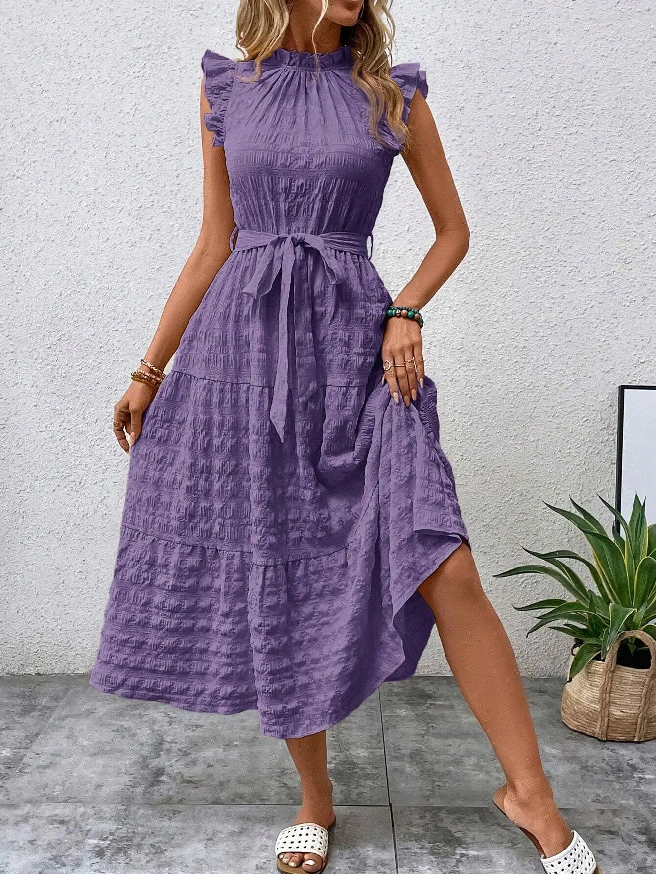 Fashion Women's Vintage Solid Ruffles Flying Sleeves Fresh And Sweet Midi Dress Summer Casual Lace Up Texture Womens Long Dress