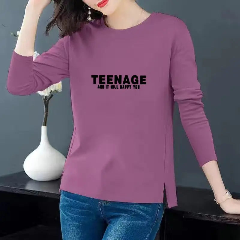 Women Korean Fashion Print Simple All Match T-shirt Spring Autumn Casual O Neck Irregular Tees Long Sleeve Loose Tops Ropa Mujer