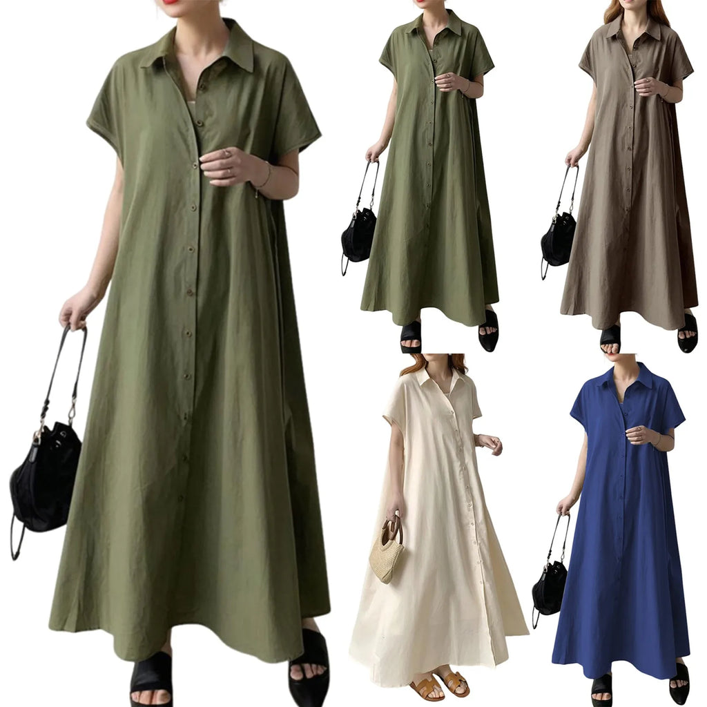 Women's shirt dress loose casual solid color lapel single-breasted short-sleeved dress summer long dresses vestidos femenino