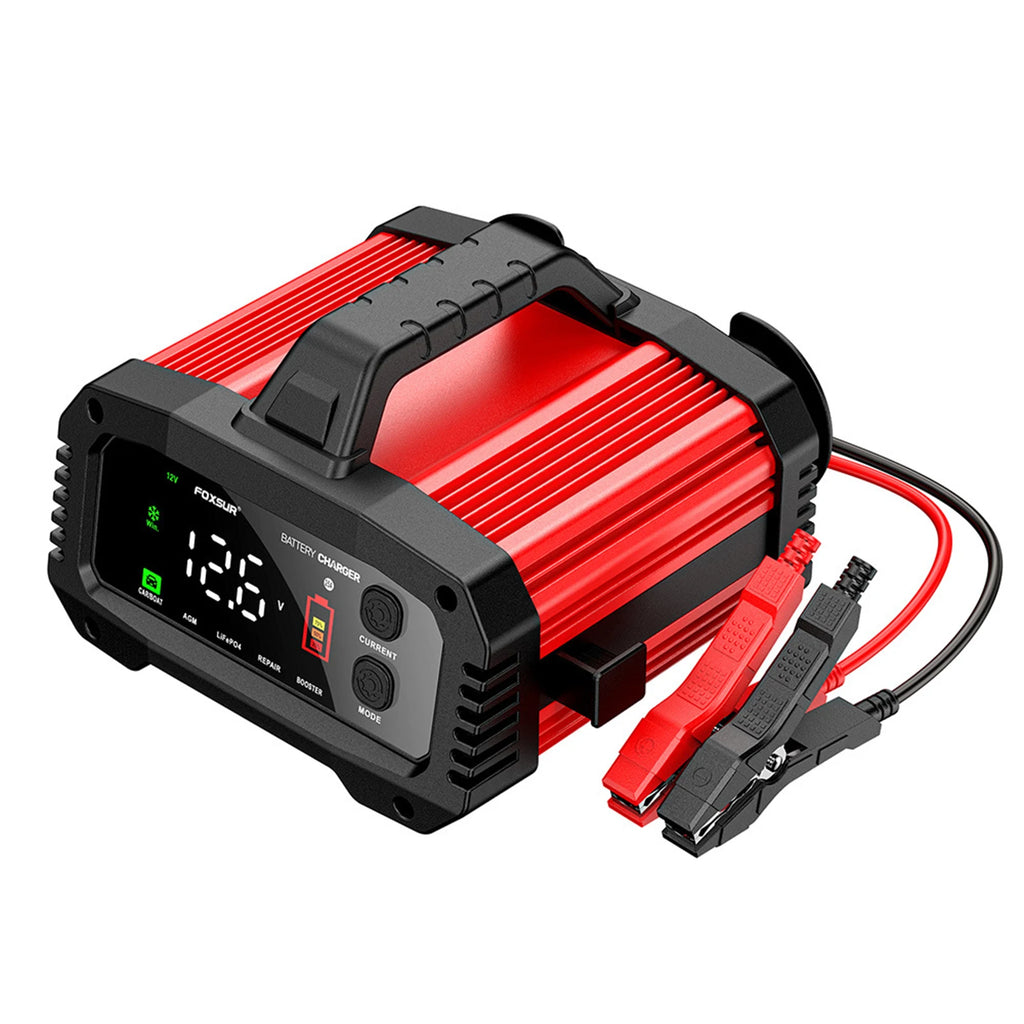 FOXSUR Smart Car Battery Charger 12V/25A 24V/15A Portable Battery Charger Optional Charging Current Shell with BOOSTER Function
