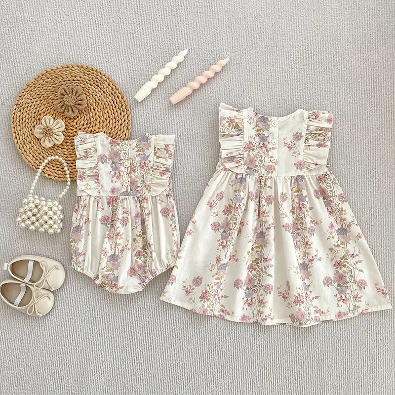 Girls Pink Floral Dress Ruffle Baby Romper Dress Summer Kids Short Sleeve Beach Dresses Toddler Bodysuit Sister Family Clothes
