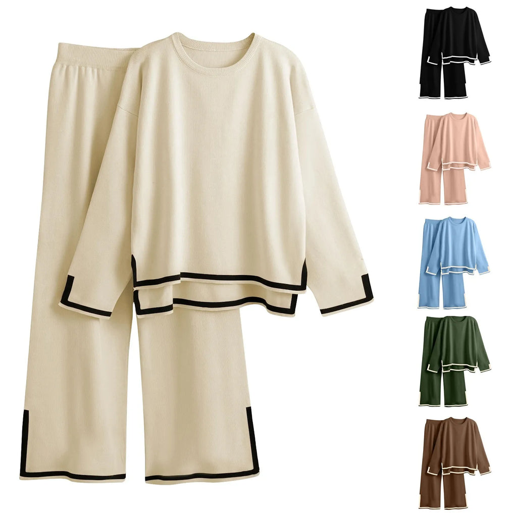 Knitted Women's Trousers Suit Two Piece Set Solid Color Winter Loose Long Sleeve Knitwear Flare Pants Sets Female Casual Suits