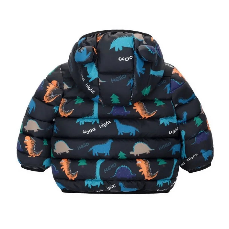Cartoon Dinosaur Print Boys Baby Lightweight Down Jackets Warm Hooded Outerwear Winter Autumn Kids Girls Coats Casual Clothing