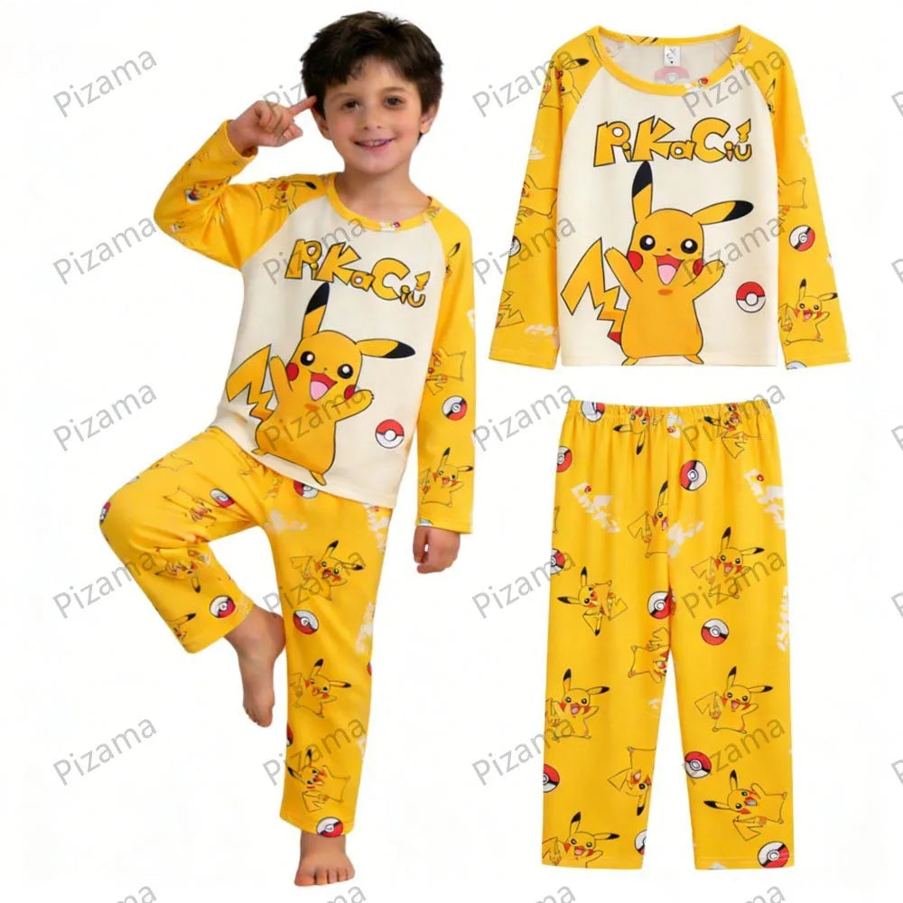 Full Sleeve Pokemon Anime Pikachu Children's Cartoon Pajamas Sets Teenager Home Clothes Kid Pyjamas Boy Sleepwear Adult Pyjamas